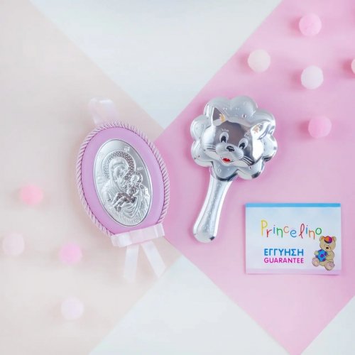 Подарочный набор икона Дева Мария и погремушка Котик Prince Silvero Розовый MB/S086-1R