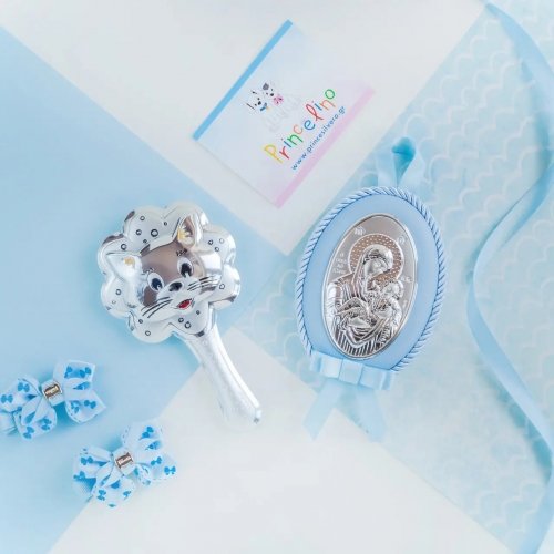 Подарочный набор икона Дева Мария и погремушка Котик Prince Silvero Голубой MB/S086-1C