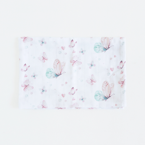 Муслиновая пеленка для детей ELA Textile&Toys Бабочки Белый/Розовый/Зеленый 100х80 см DM001B