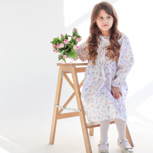 Платье детское ELA Textile&Toys Перышки 7 - 9 лет Сатин Белый/Розовый/Бежевый DS002CF