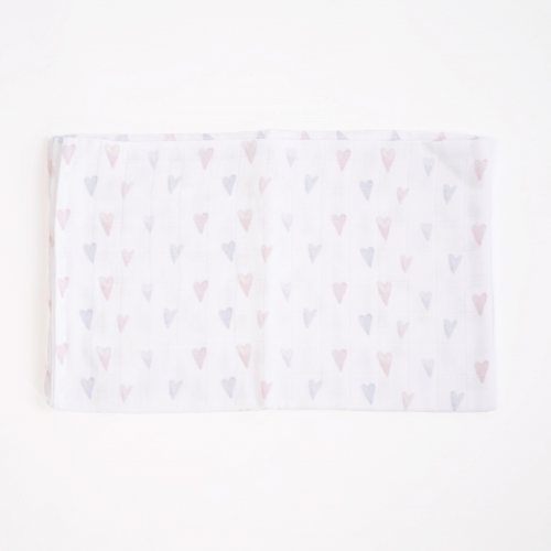 Муслиновая пеленка для детей ELA Textile&Toys Сердечки Муслин Белый/Розовый/Голубой 100х80 см MD002PH