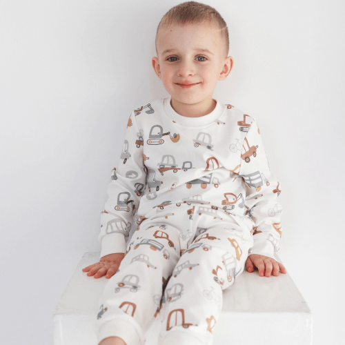 Пижама детская ELA Textile&Toys Транспорт 2 - 8 лет Интерлок Белый/Серый/Коричневый PJ006TR