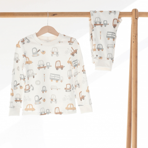 Пижама детская ELA Textile&Toys Транспорт 2 - 8 лет Интерлок Белый/Серый/Коричневый PJ006TR