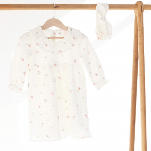 Платье детское ELA Textile&Toys Розочки 9 - 24 мес Трикотажная вафля Белый/Розовый WD001RS