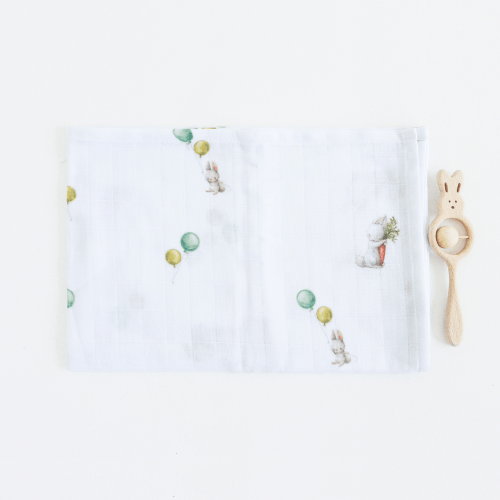 Муслиновая пеленка для детей ELA Textile&Toys Зайчики Белый/Зеленый 100х80 см DM001R