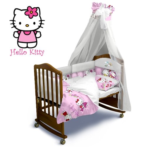 Детское постельное белье и бортики в кроватку Ontario Baby Premium без балдахина Hello Kitty Белый/Розовый ART-0000437