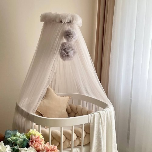 Балдахин на кроватку Маленькая Соня с помпонами Светло-серый 0511516