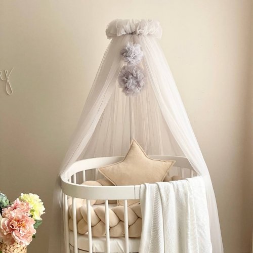 Балдахин на кроватку Маленькая Соня с помпонами Светло-серый 0511516
