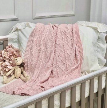 Плед для новорожденных вязаный Маленькая Соня Ромб Коса Персиковый 937179