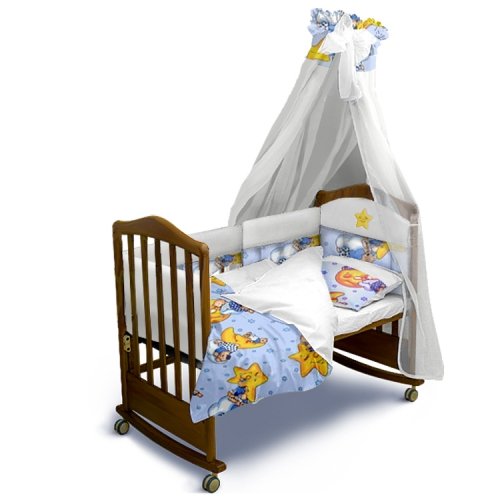 Детское постельное белье и бортики в кроватку Ontario Baby Premium с балдахином Сонный Мишка Белый/Голубой ART-0000434