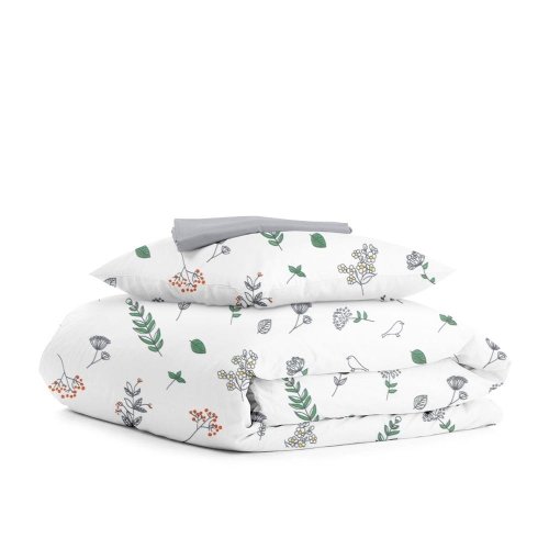 Детское постельное белье в кроватку Cosas 110х140 см Белый/Зеленый FoliageBirds_Grey_140