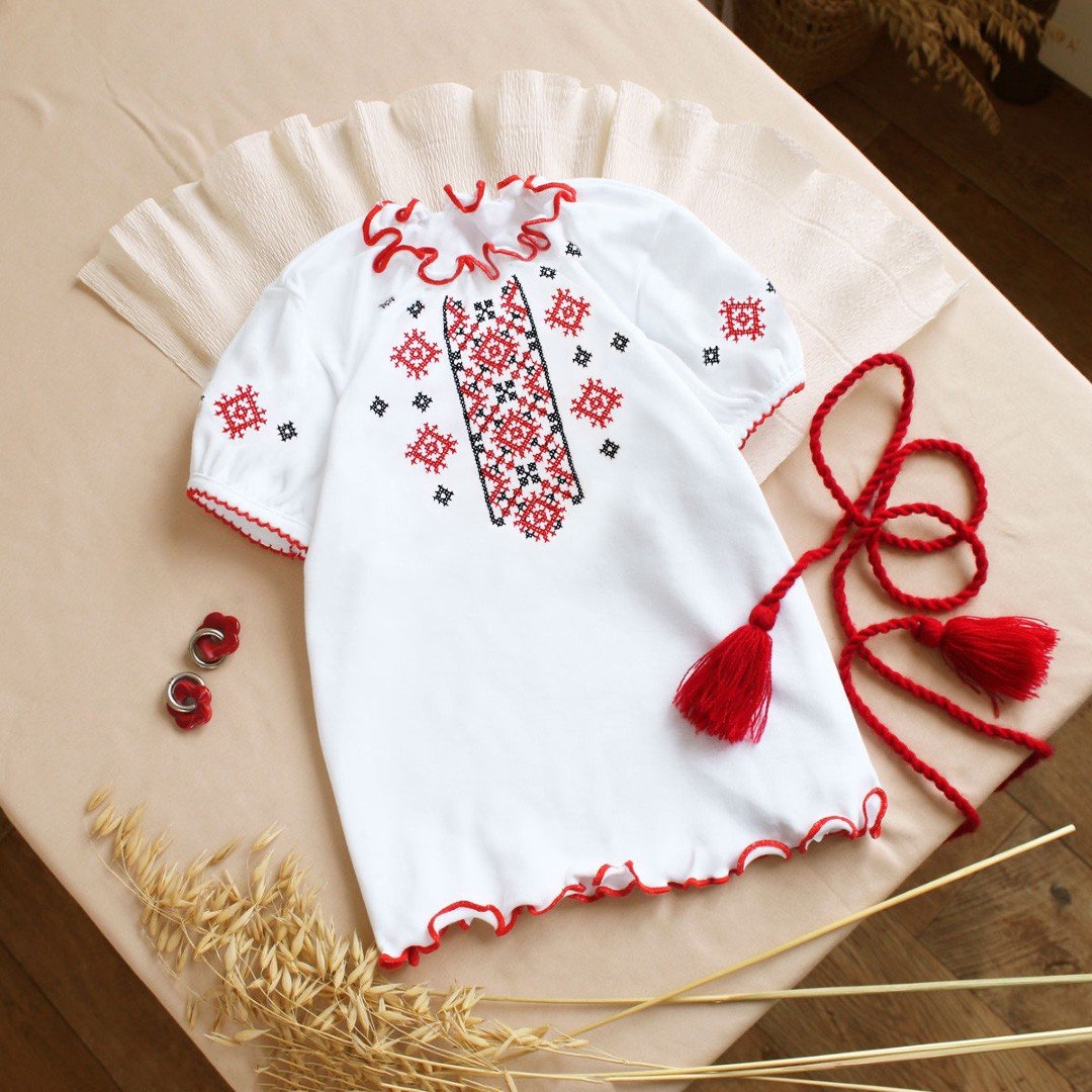 Футболка вышиванка детская Ladan 9 - 18 мес Интерлок Белый/Красный/Черный VD2