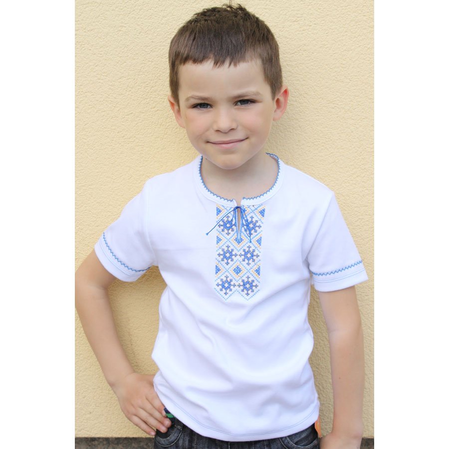 Футболка вышиванка для мальчика Ladan 1 - 8 лет Интерлок Белый/Голубой VD2