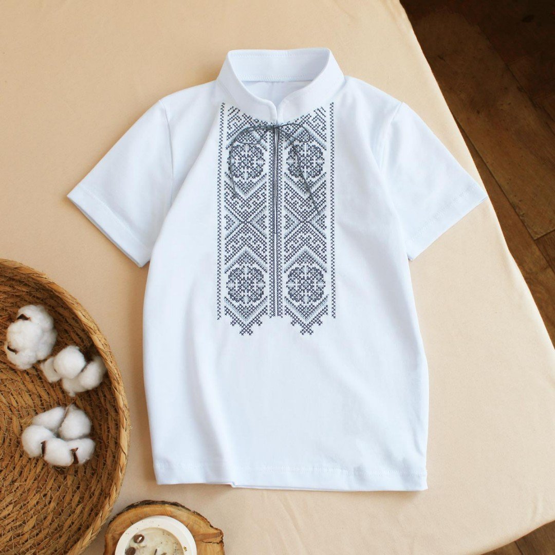 Вышиванка для мальчика Ladan 7 - 12 лет Стрейч-кулир Белый/Серый VD5