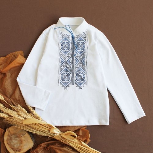 Вышиванка для мальчика Ladan 2 - 11 лет Стрейч кулир Белый/Голубой VD7