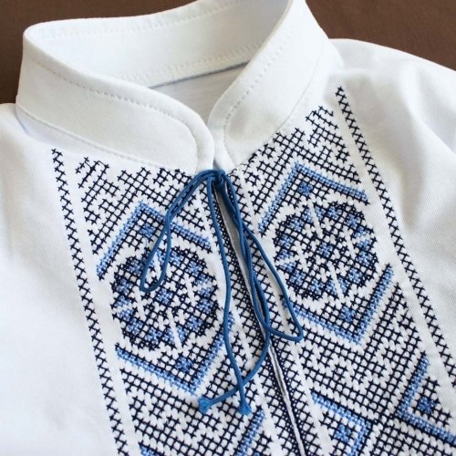 Вышиванка для мальчика Ladan 2 - 11 лет Стрейч кулир Белый/Голубой VD7