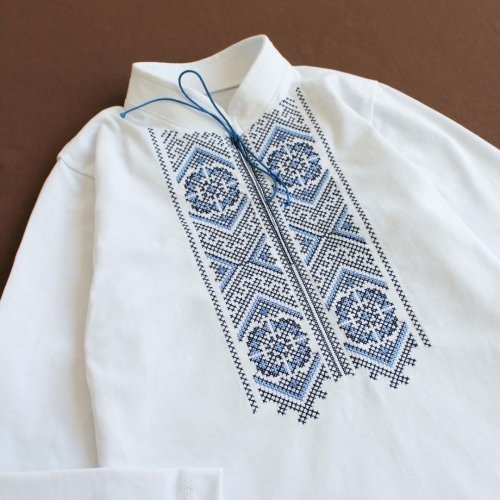 Вышиванка для мальчика Ladan 2 - 11 лет Стрейч кулир Белый/Голубой VD7