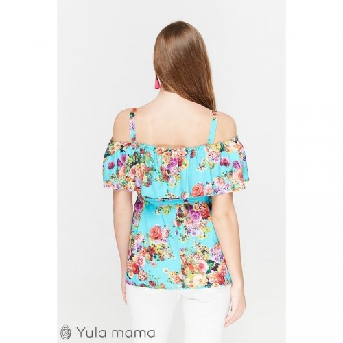 Блузка для беременных и кормящих мам Юла мама, принт цветы на аквамарине