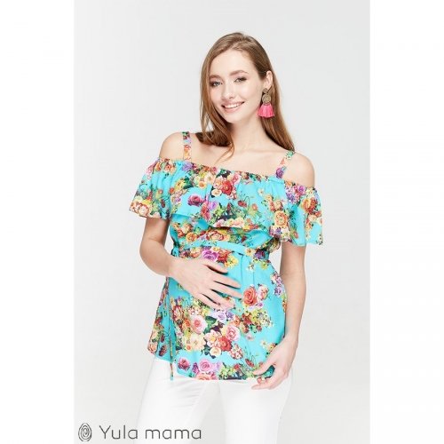 Блузка для беременных и кормящих мам Юла мама, принт цветы на аквамарине